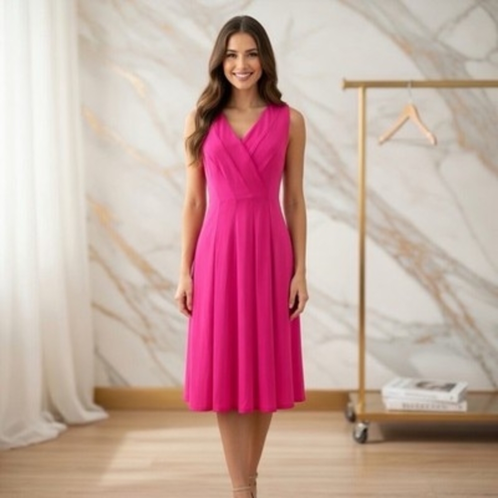 Jones New York  Hibiscus Crepe V-Neck Pleated A-Line Dress Sleeveless Sz 8 NWT